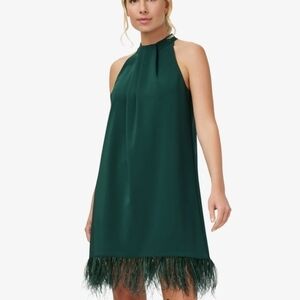 NEW Aidan Mattox Feather Trimmed Crepe cocktail Trapeze halter forest Dress sz 6